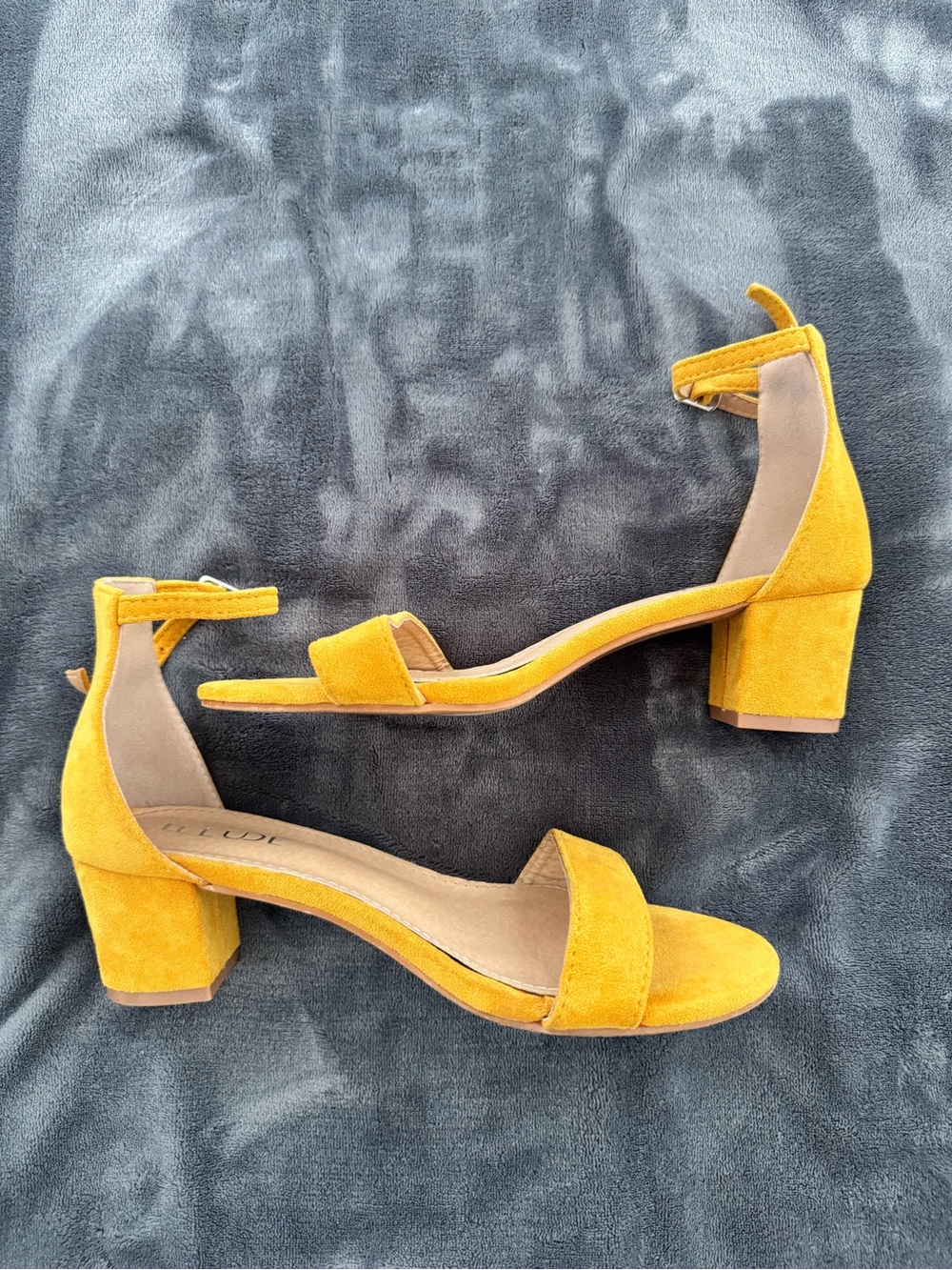 Amazon Mustard Suede Block Heel Sandals with Ankle Strap